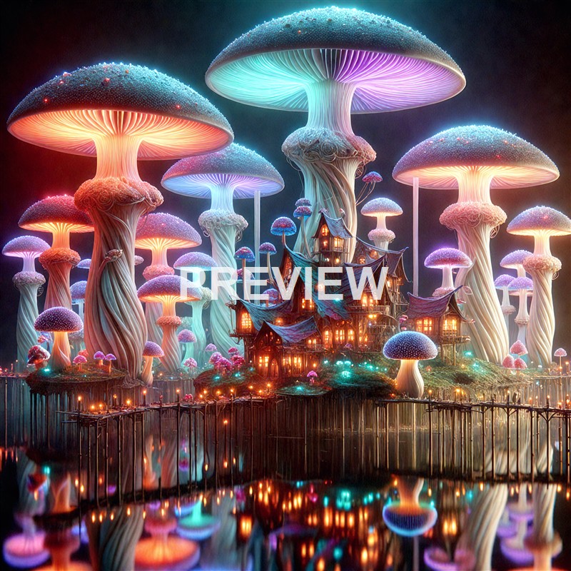 A fantastical scene featuring glowing, oversized mushrooms and a whimsical, illuminated house set on a reflective water surface.